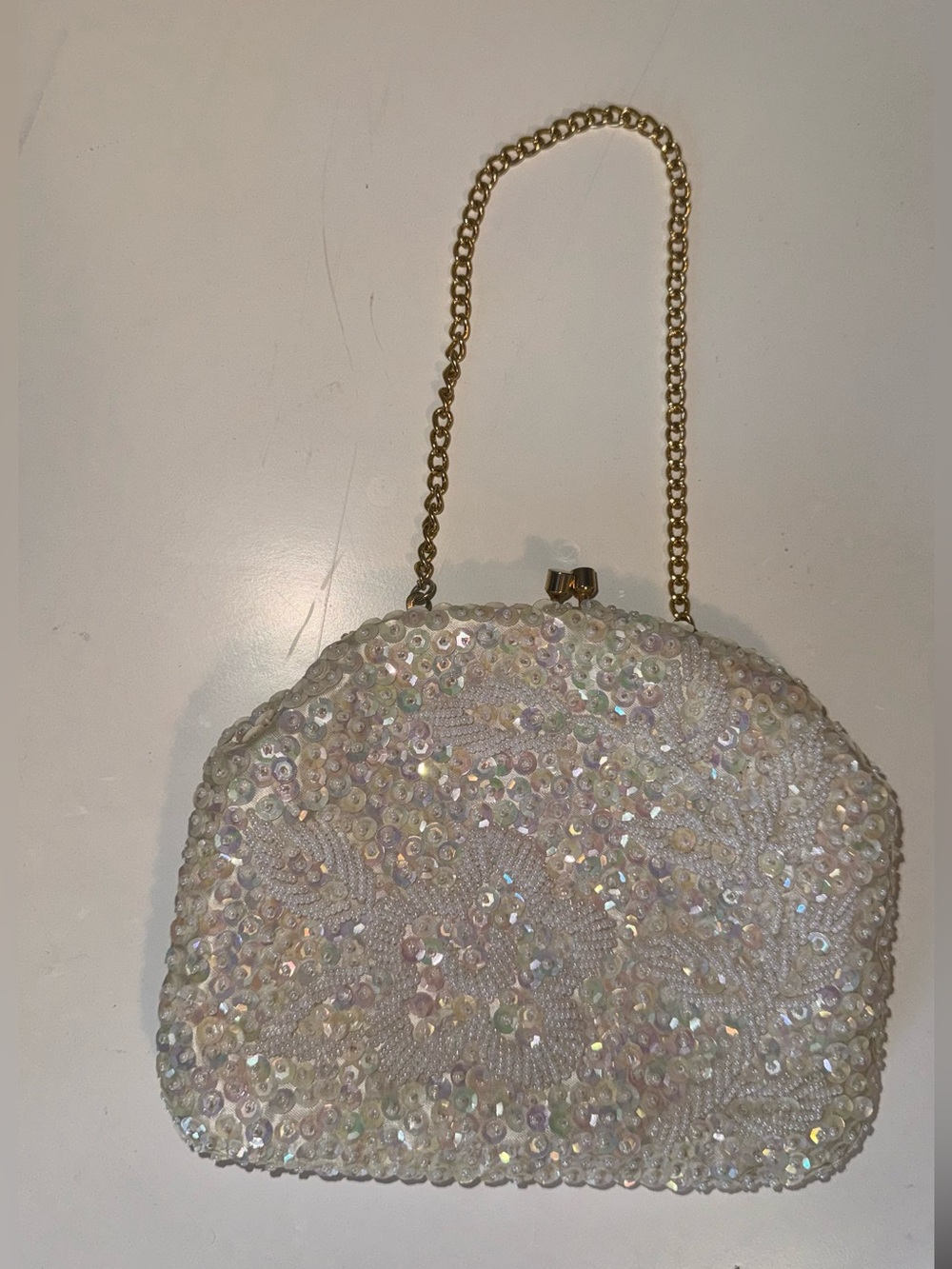 Vintage Sequin Embellished Ivory Bridal Mini Clutch with Gold Chain - Picture 5 of 5